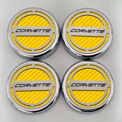 Gray 2020-2024 C8 Corvette Coupe - Cap Cover Set 4pc Carbon Fiber Inserts with Stainless Corvette Logo - Polished/Brushed Finish