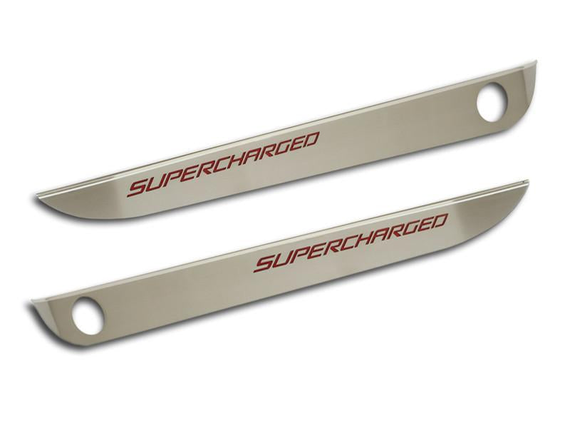 Dark Gray 2005-2013 C6 Corvette - Door Guards with SUPERCHARGED Inlay 2Pc - Brushed Stainless