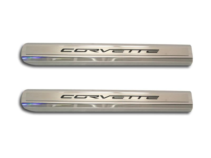 Dark Gray 2005-2013 C6 Corvette - Inner Door Sills CORVETTE Lettering - Stainless Steel