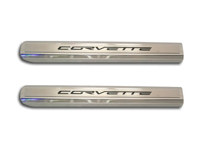 Dark Gray 2005-2013 C6 Corvette - Inner Door Sills CORVETTE Lettering - Stainless Steel