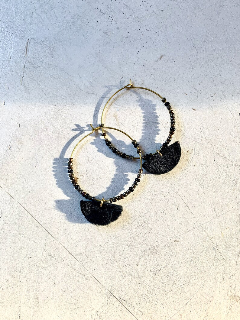 Light Gray Mini Hoop Earrings. Beads and leather Earrings by LMNT