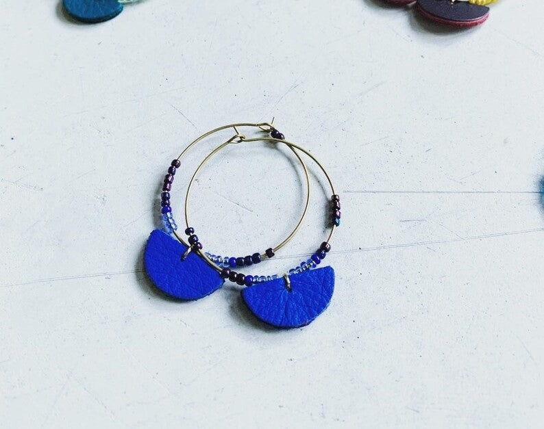 Lavender Mini Hoop Earrings. Beads and leather Earrings by LMNT