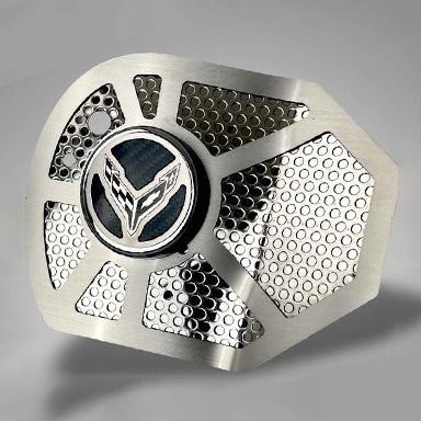 Dark Gray 2020-2024 C8 Corvette Coupe - Carbon Fiber w/C8 Emblem Shock Tower Cover Inserts - Perforated Stainless Steel