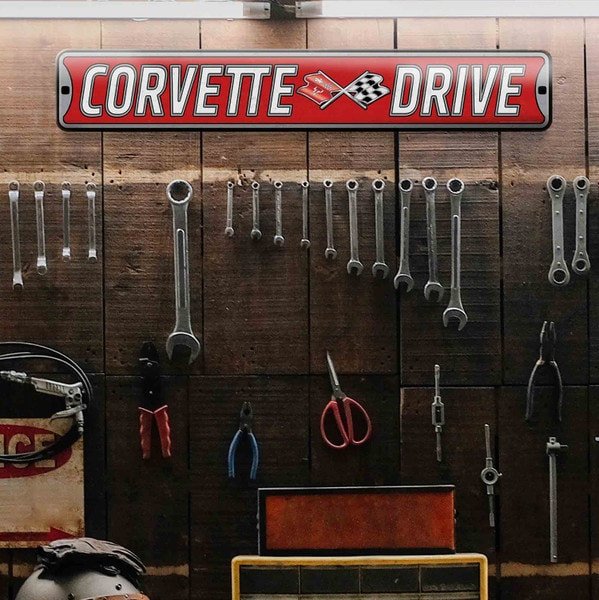 Black Chevrolet Corvette Drive Embossed Metal Street Sign