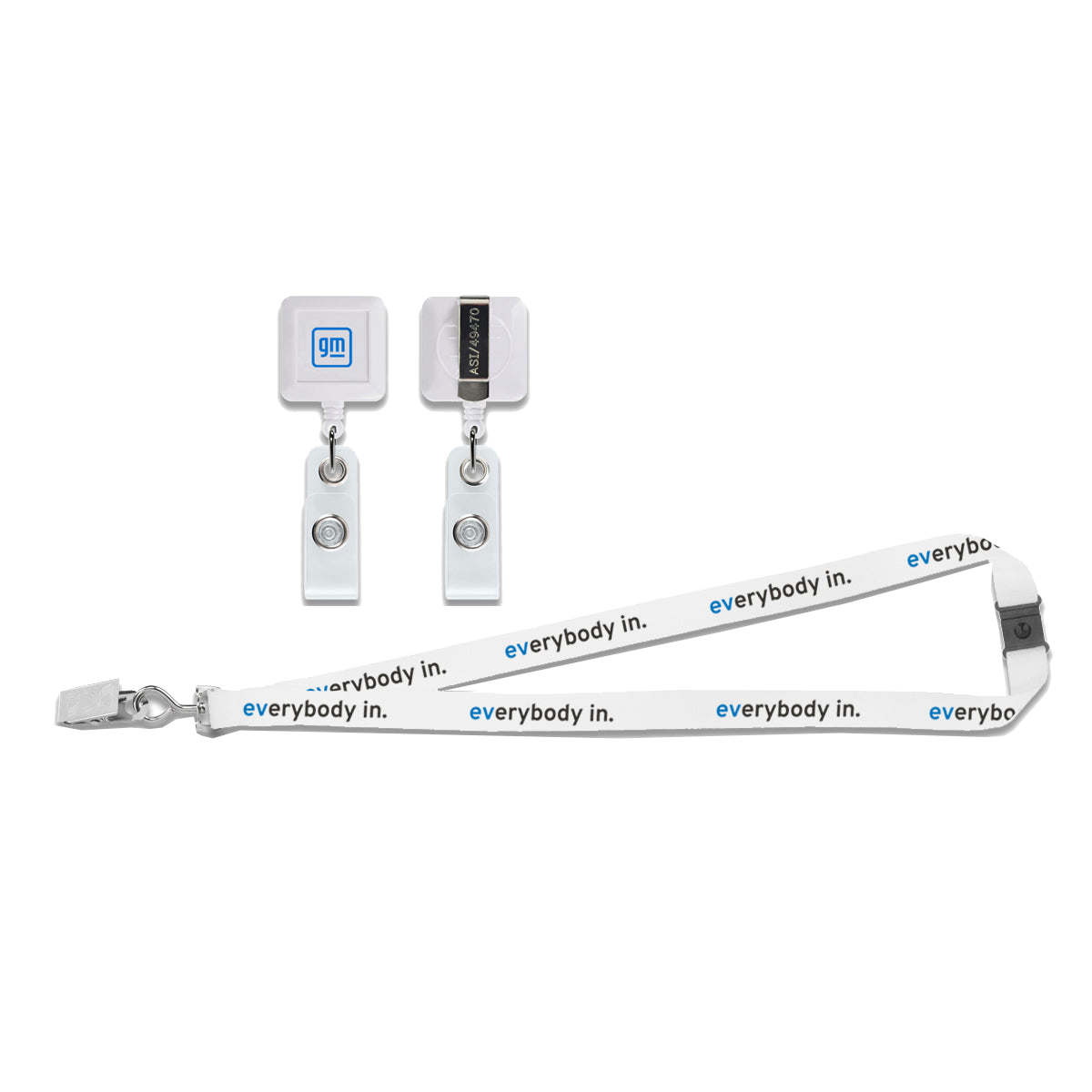 GM EVerybody in. Badge Reel and Lanyard
