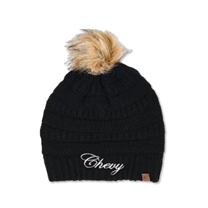 Black Women's Chevy Script Knit Beanie With Pom Hat