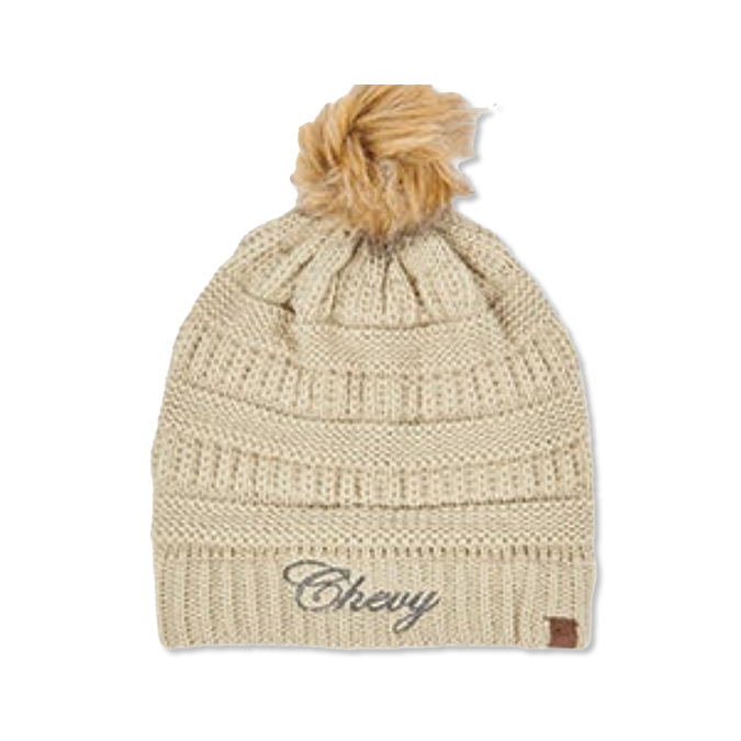 Gray Women's Chevy Script Knit Beanie With Pom Hat